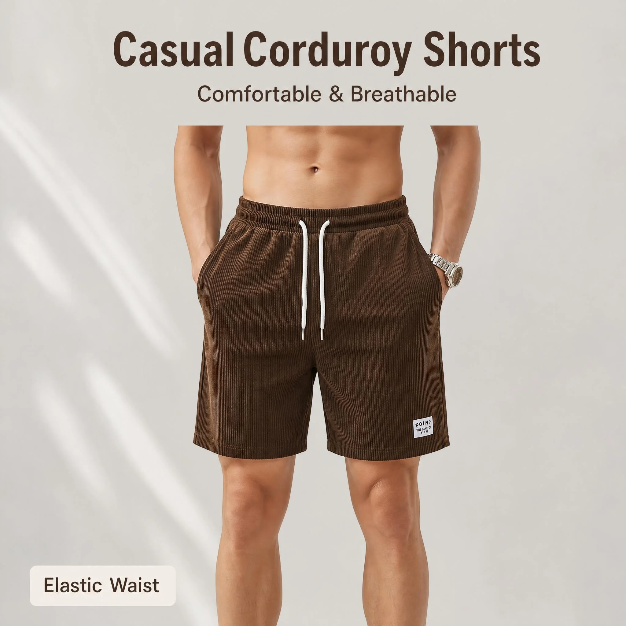 Pantalones cortos informales de pana marrón oscuro para hombre, con cordón ajustable, cintura elástica y bolsillos laterales, ideales para el descanso, el ejercicio o el uso diario.