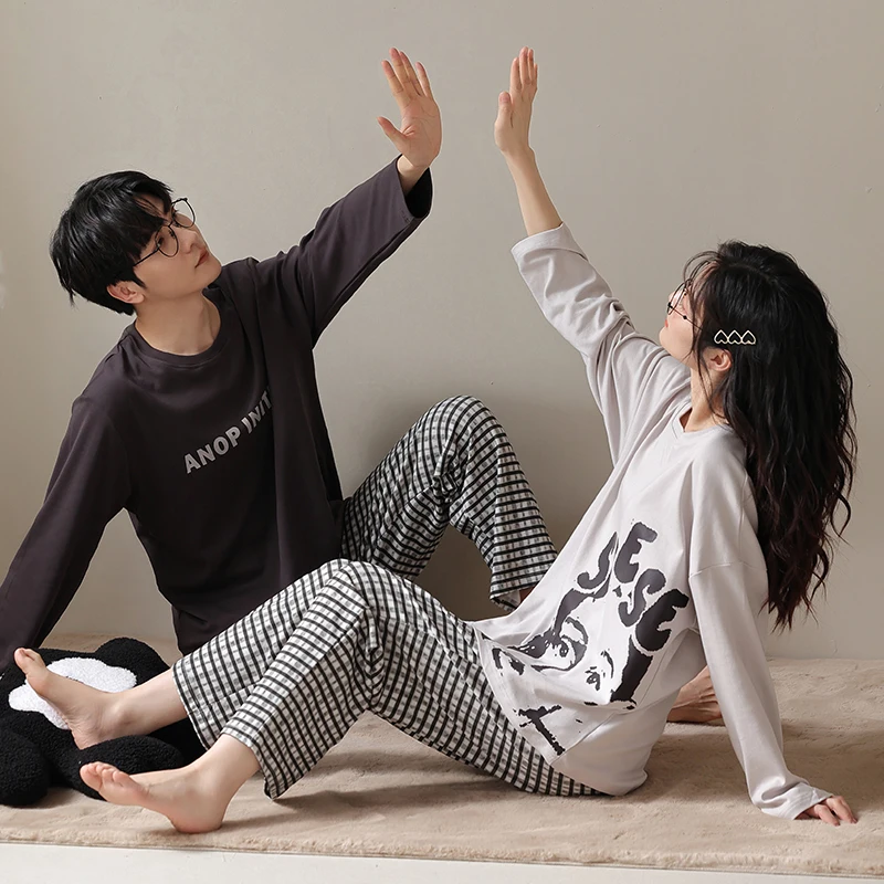 Spring and Autumn Pure Cotton Pajamas Checkered Couple Shirt Round Neck Pullover Casual Set Men's and Women's Pajamas