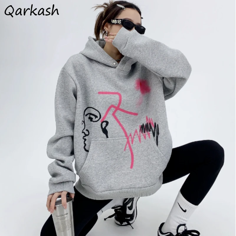 

Hoodies Women Cotton Vintage Graffiti Printing Plus Velvet Oversize American Fashion Loose Streetwear Front Pockets Leisure Chic