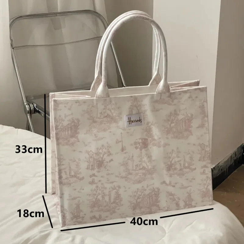 Fashion Female Canvas Tote Handbag Square Flower Printed Stylish Purse For Woman Large Reusable Shopping Shoulder Bag