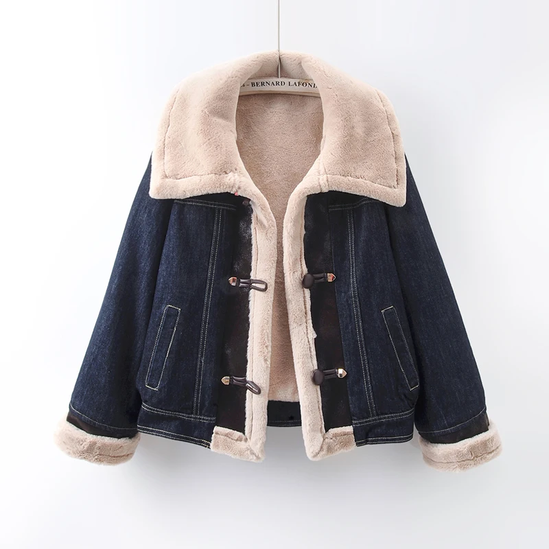 Winter faux mink cashmere Liner Denim Jacket Women Thick Warm Cowboy Outerwear Spliced PU Loose Short Jeans Jacket coat Female