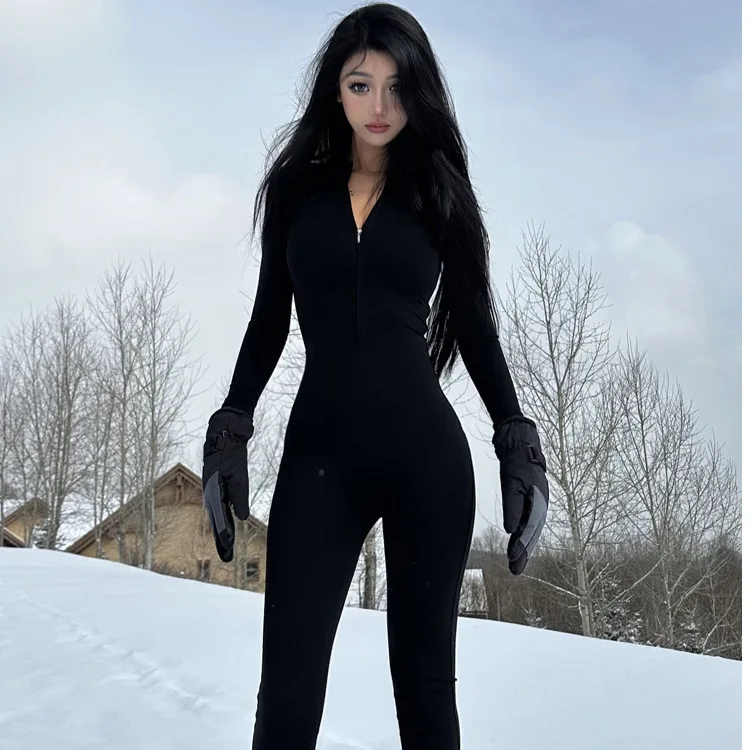 

Женский зимний комбинезон с молнией спереди, облегающий, с длинным рукавом, сексуальный, для йоги и тренировок, модный, шикарный стиль