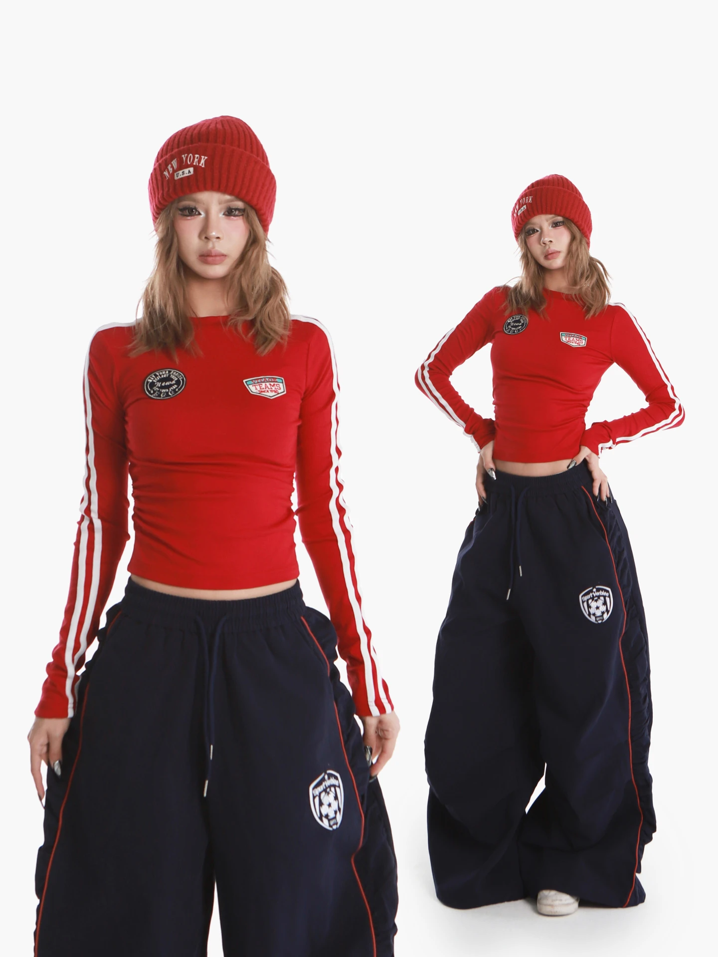 

POOKIE Red Long Sve T-irt Women's Jazz Dance ort Sle Belly ow Sportswear Slim Fit Striped Crop Top for Girls