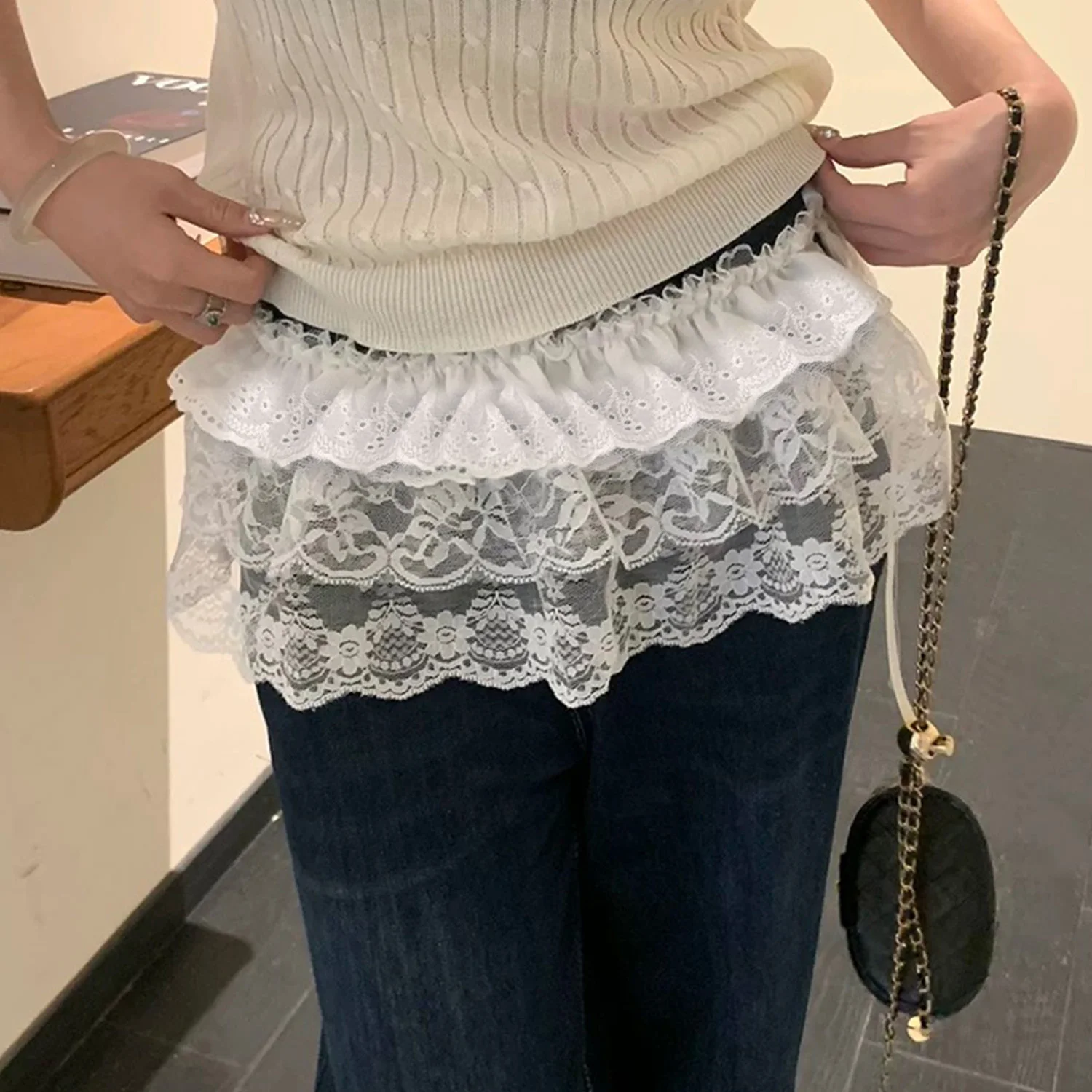 

Vintage Lace Skirt Curtain Irregular Hight Waist Gauze Skirt Lace Mesh Japanese Ruffled Edge Skirt Jeans Streetwear Decorative