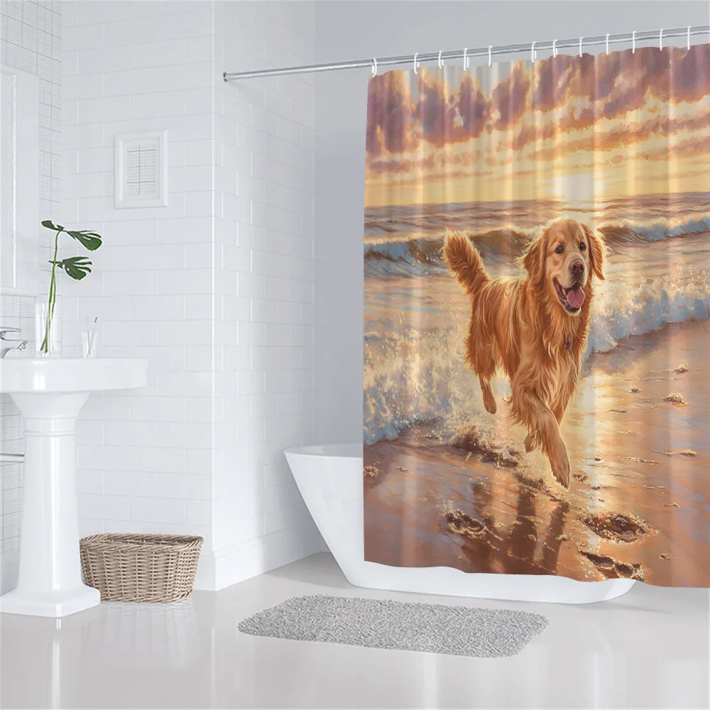 Golden Retriever Running on Beach Shower Curtain Waterproof Easy to Clean Privacy Protection Print Sunset Ocean Design PetLover