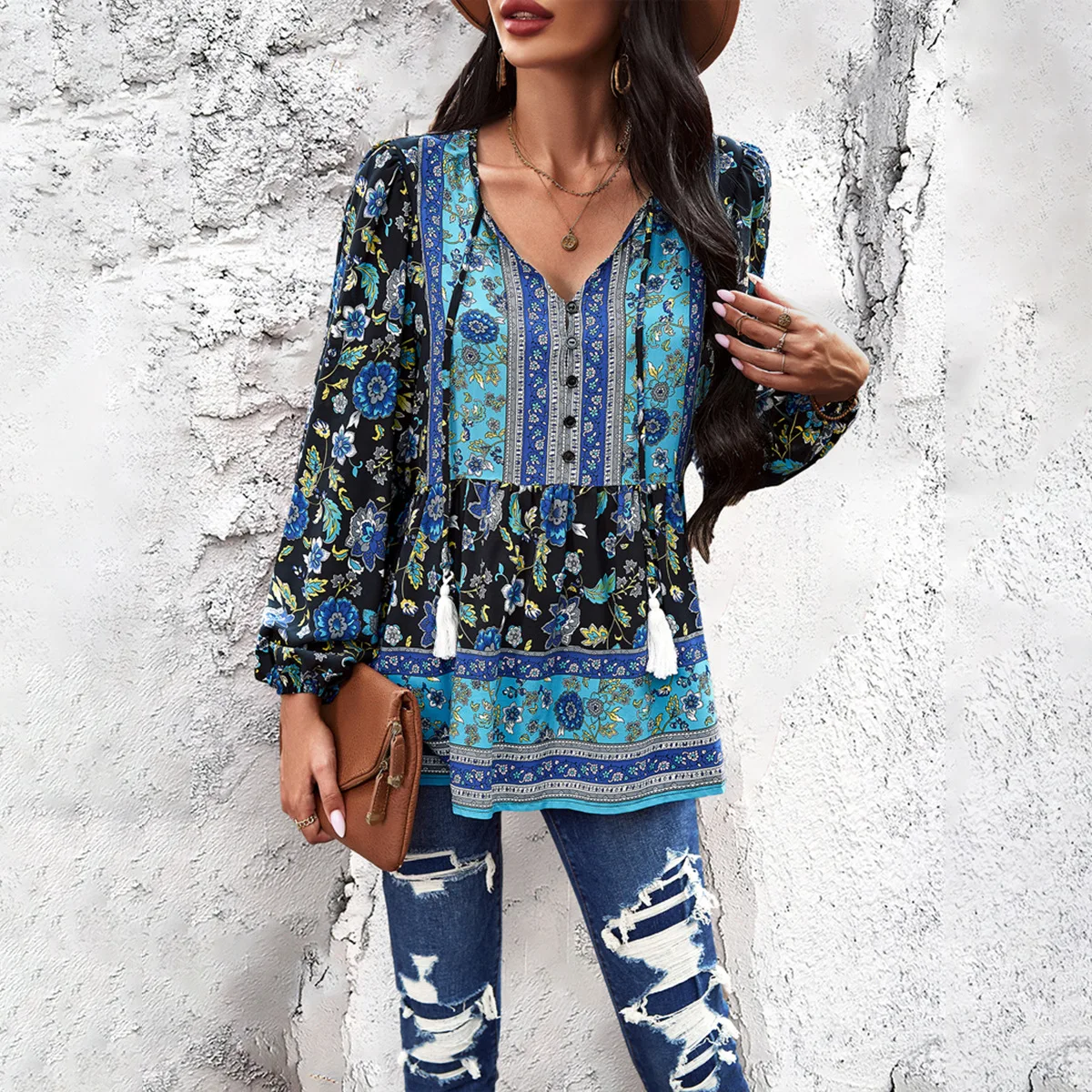 Spring Summer Women\'s Tops Temperament Casual Printed V-neck Long-sleeved Loose Mid-length Button Commuting Style Clothes