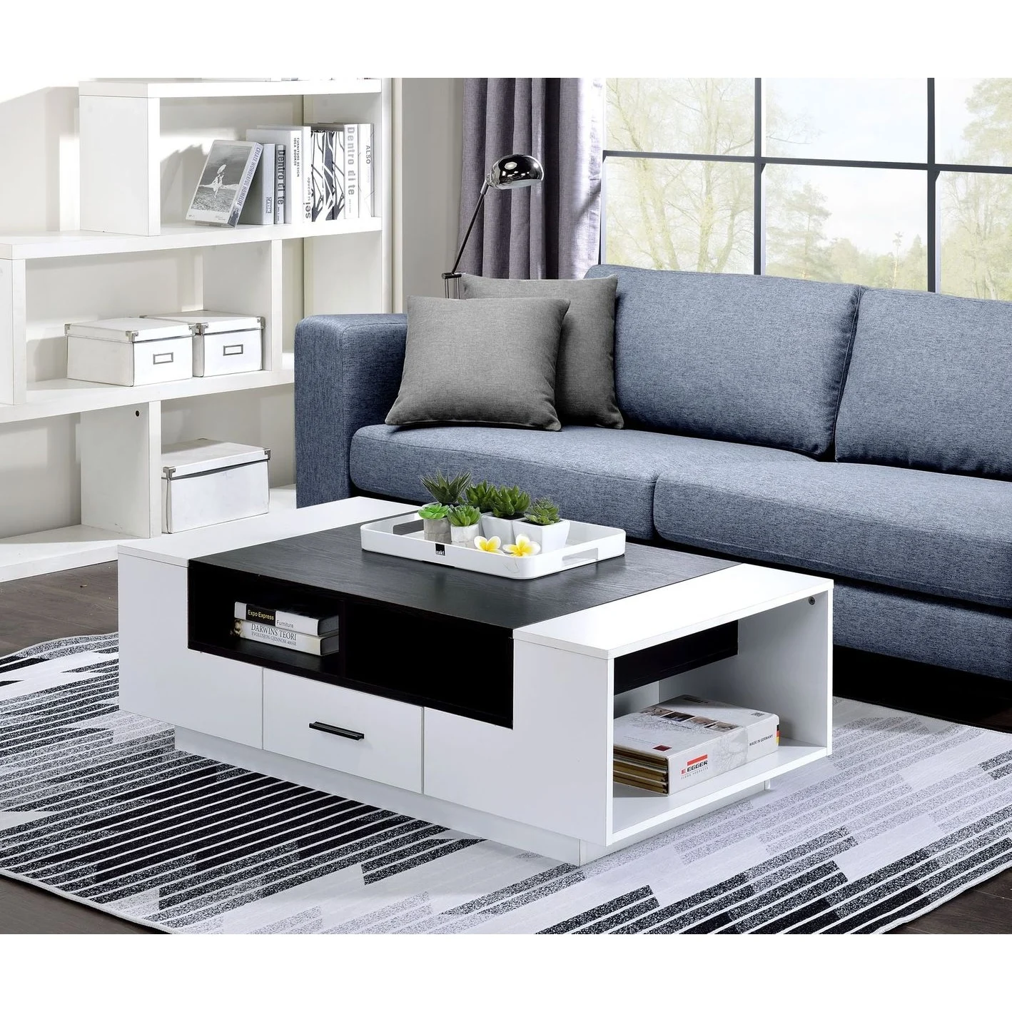 

[Flash Sale]Armour Coffee Table Center Table with Drawer and Open Shelf White & Black[US-W]