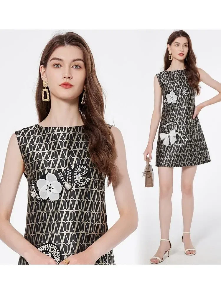 2024 New Summer Luxury Crystal Diamond Jacquard Dress Fashion Runway Women's O-Neck Sleeveless Printed Party Mini Tank Vestdios