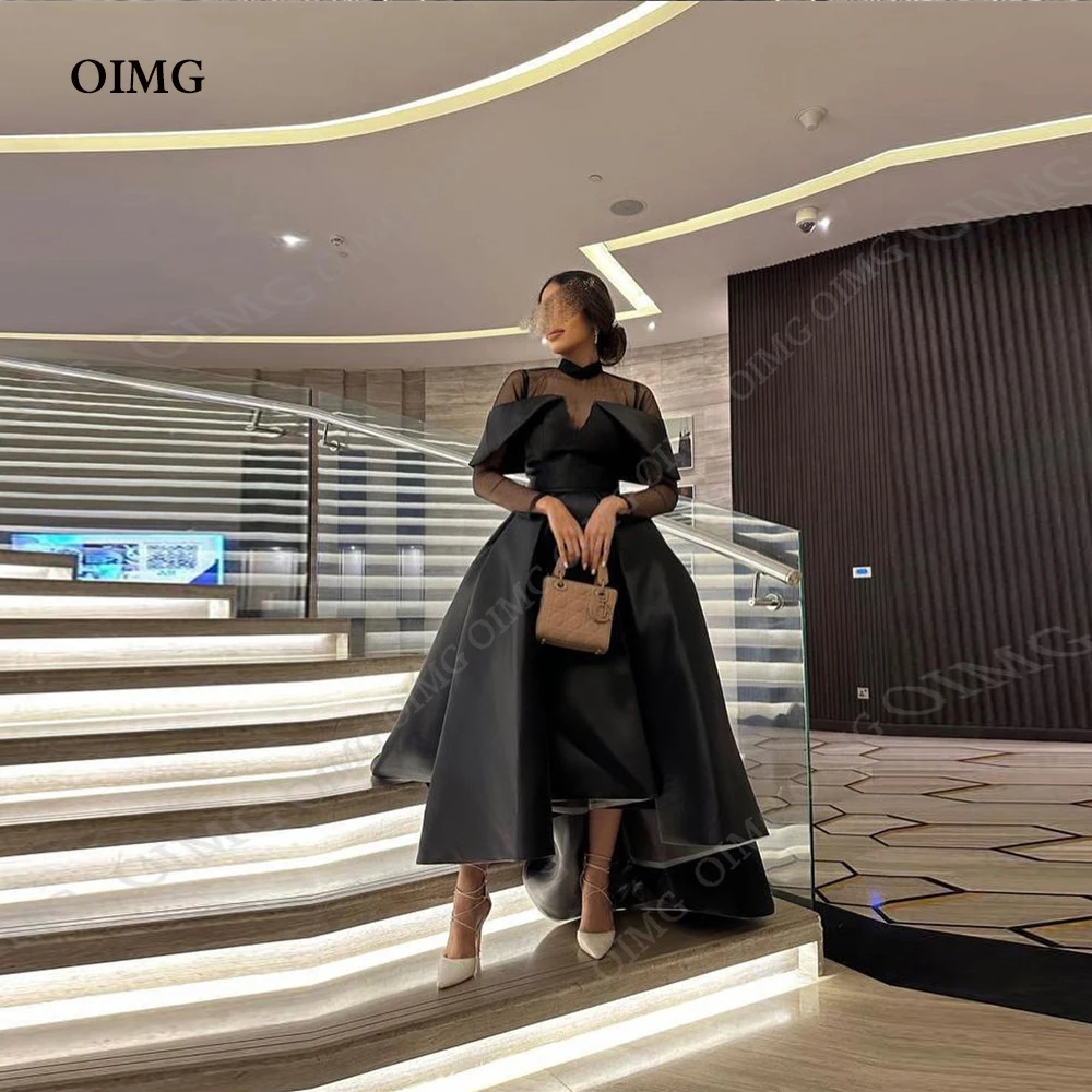 

OIMG Dubai Black Satin A Line Evening Dresses High Neck Floor Length Prom Gowns Long Formal Party Dress Custom Bridesmaid Dress