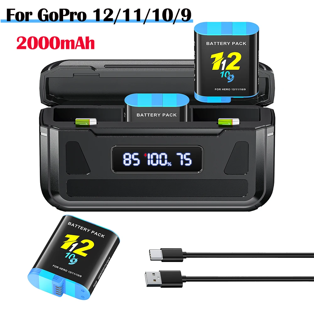 2000mAh Akku für GoPro Hero 12 11 10 9 + 3-Slot-LCD-USB-Schnellladegerät für Go Pro 10 11 Black Kamera-Akku für Go Pro 12 10