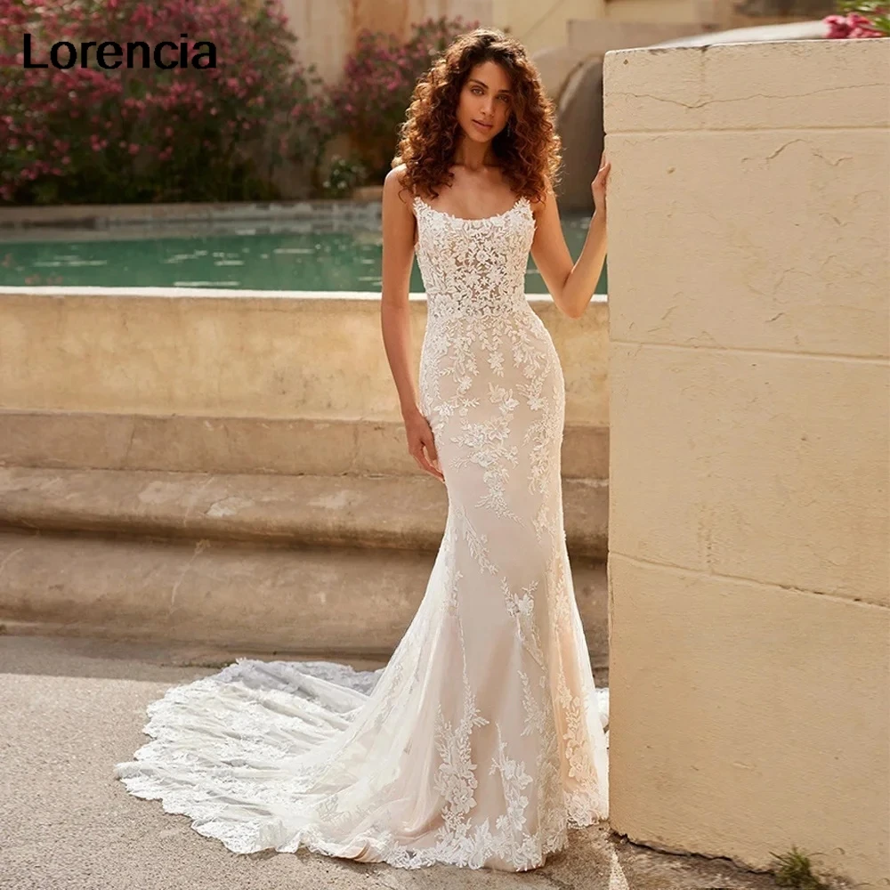 

Lorencia Elegant 2024 Spaghetti Mermaid Lace Wedding Dress Appliques Beading Bridal Dress Bride Gowns Vestido De Noiva YMW195