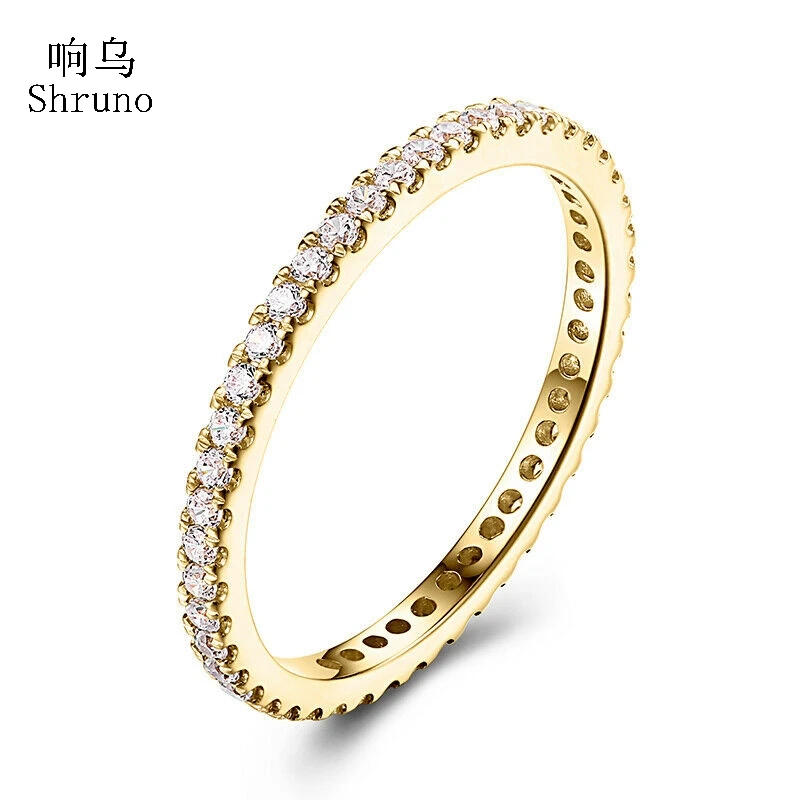 Shruno Solid 10K Yellow Gold 1.5mm Wide band Pave Natural Diamonds 0.33CT Engagement Wedding Ring Artistical Women Fine Jewelry