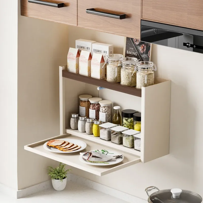 Double Layer Folding Kitchen Shelf Wall Mounted Vegetable Prep Cabinet Pull Down Storage Box For Condiment Seasoning Rack