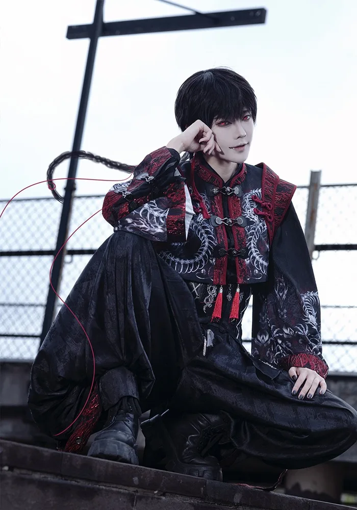 Original Design Dragon Embroidery Chinese Gothic lolita short jacket Black Red Stand Collar Ethnic Costumes Jackets