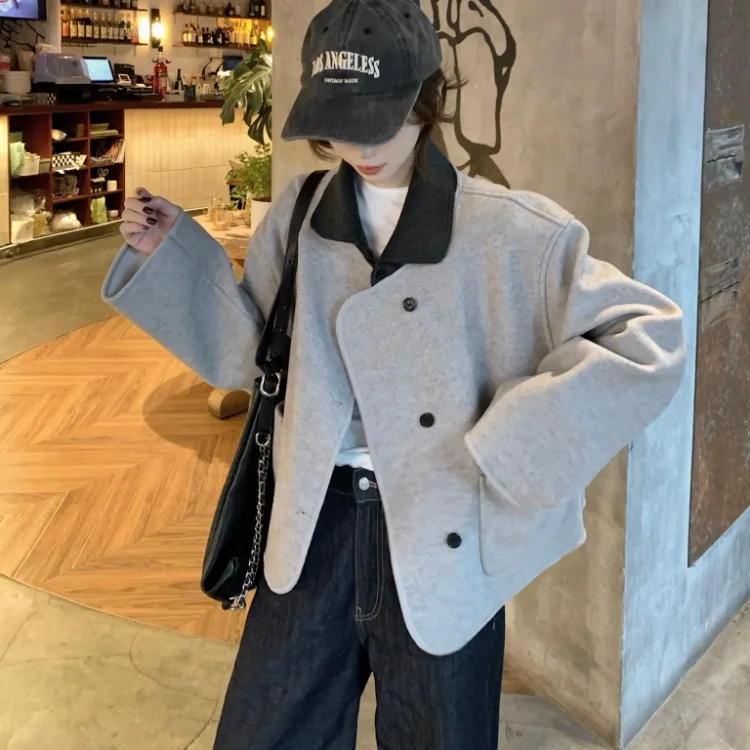 معطف صوفي مزدوج الوجه للنساء كوري أنيق للخريف والشتاء فضفاض بياقة مناسبة وتصميم كلاسيكي بلون Blo مناسب للتنقل