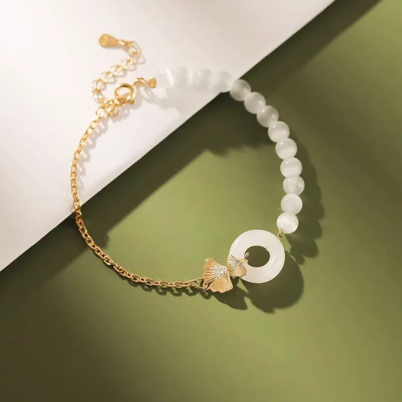925 Sterling Silver Bracelet White Jade Golden Gingko Leaf Geometric For Woman Girl Fashion Jewelry Gift Dropship Wholesale