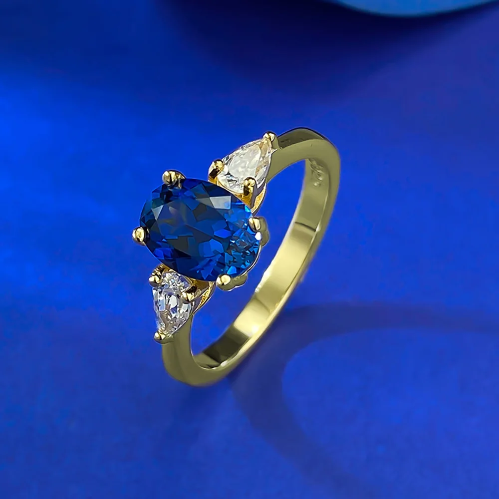 Vintage 18k Gold Plated 925 Sterling Silver 6*8mm Sapphire Rings for Women Lab Diamond Gemstone Party Fine Jewelry Birtyday Gift