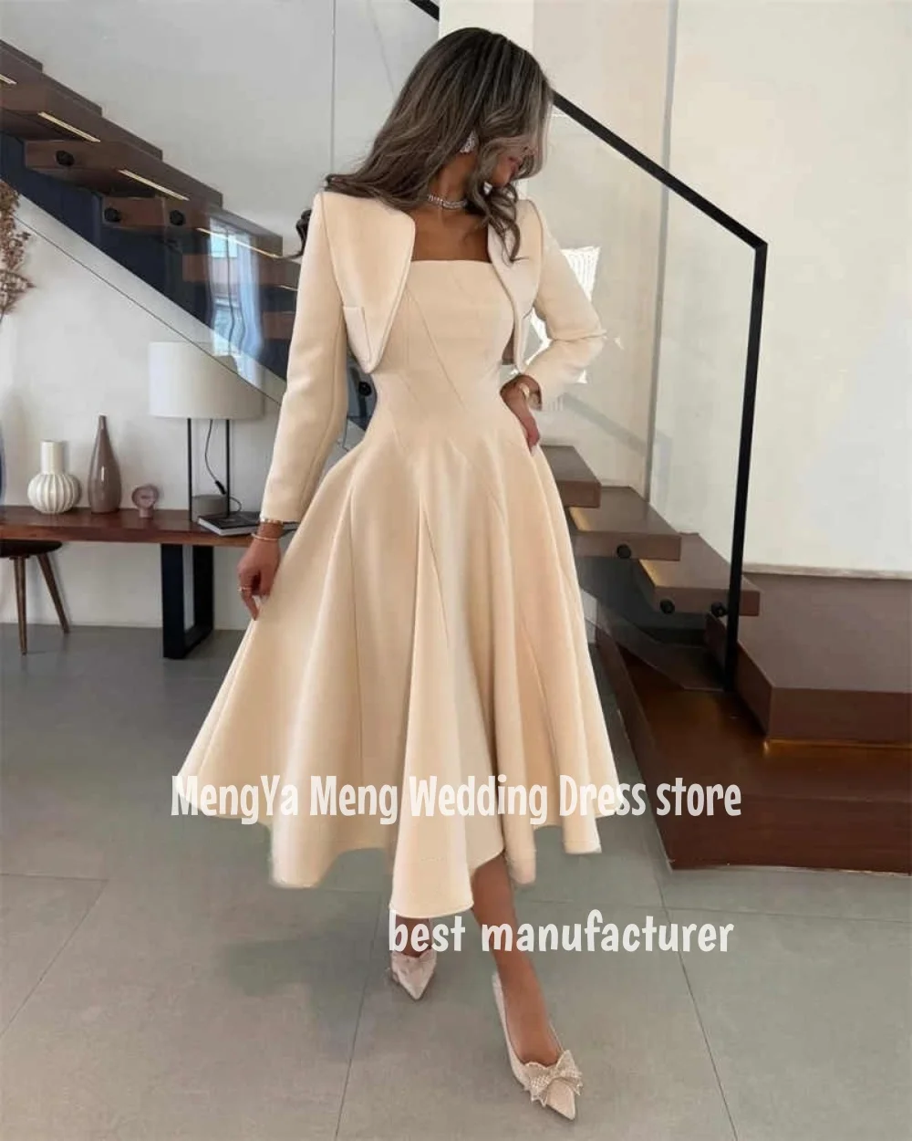 ZHUISHU Abiti da sera semplici a linea A con giacca Colletto quadrato Collo a metà polpaccio Abito da festa di nozze Cerniera posteriore Personalizzato