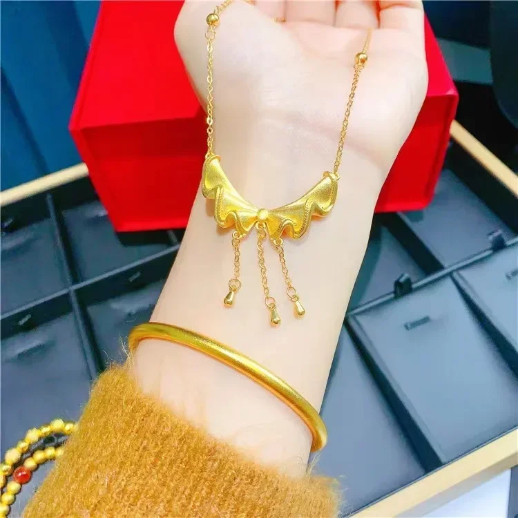 

Premium luxury quality jewelry 999 real gold 24K tassel bow necklace for women one-piece chain clavicle chain pure gold AU999