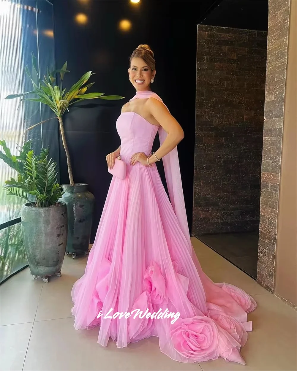 

Pink Strapless 3D Flower A-Line Prom Dresses Chiffon Sweet Shawl Sleeveless Backless Sweep Train Floor-Length Pleated Customized