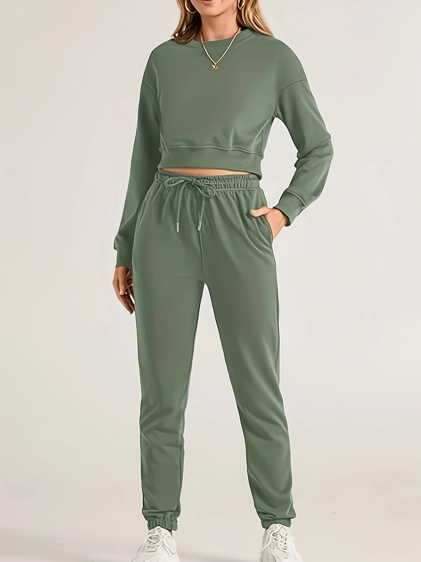 المرأة عادية قطعتين مجموعة طويلة الأكمام المحاصيل الأعلى البلوز الرباط السراويل بدلة عدو بدلة رياضية غير رسمية #3