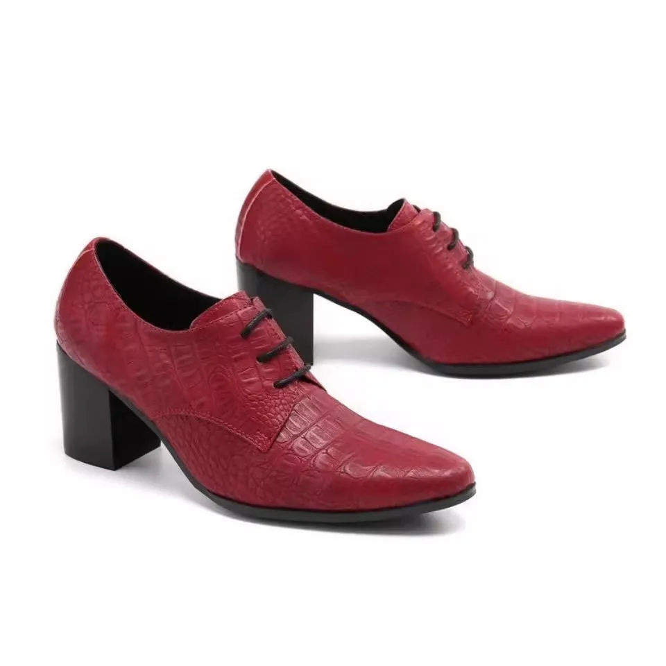 

Brown Red Men High Heels Genuine Leather Shoes Brand Designer Lace Up Oxfords Shoes Elegent Male Business Work Shoes