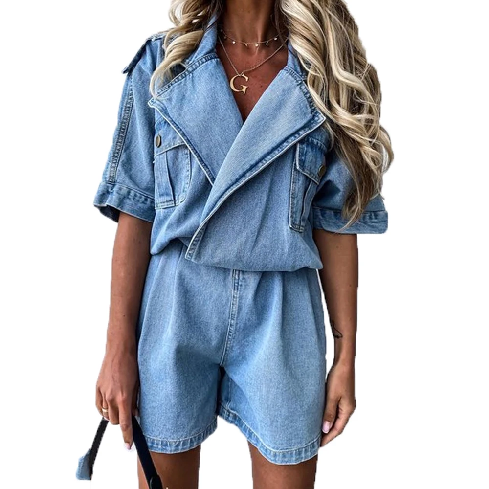 Women's Casual Short Sleeve Denim Jumpsuit with Large Lapel Fashion Set