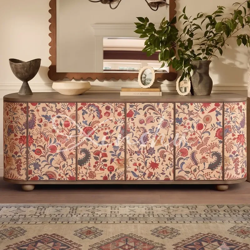 Rural Retro Flower Print Dining Side Cabinet Solid Wood Arched Locker Living Room Medieval TV Cabinet Decorative Storage