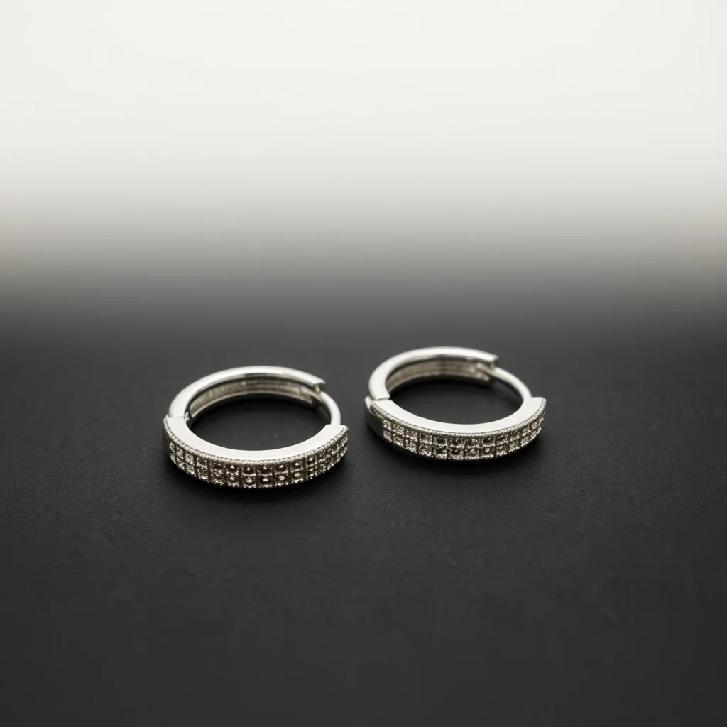 Silver Tone Double‑Row Pave Zircon Huggie Hoop Earrings for Women, Two‑Sided Snap‑On Ear Clips, Shiny Daily Fashion Ear Jewelry