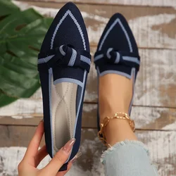 Women Flats 2024 New Knitted Slip Breathable Comfortable Solid Color Shoes Casual Pointed Toe Walking Loafers Sneakers Women