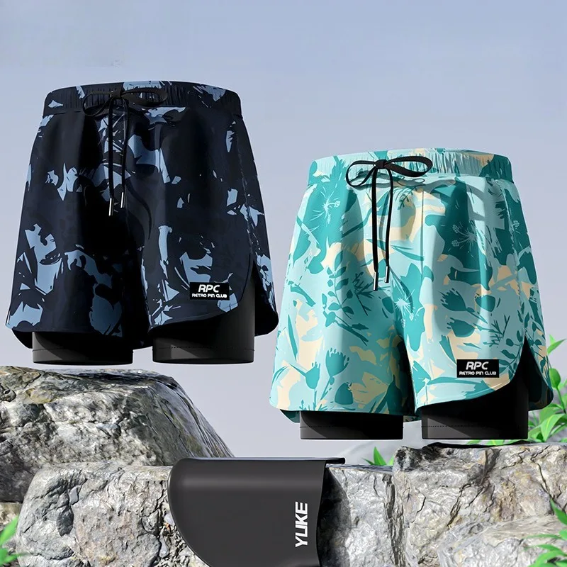 Adult Double-layer Swimming Trunks Men's Flat Angle Five Point Swimsuit Anti Awkward Professional Beach Adult Swimming Equipment