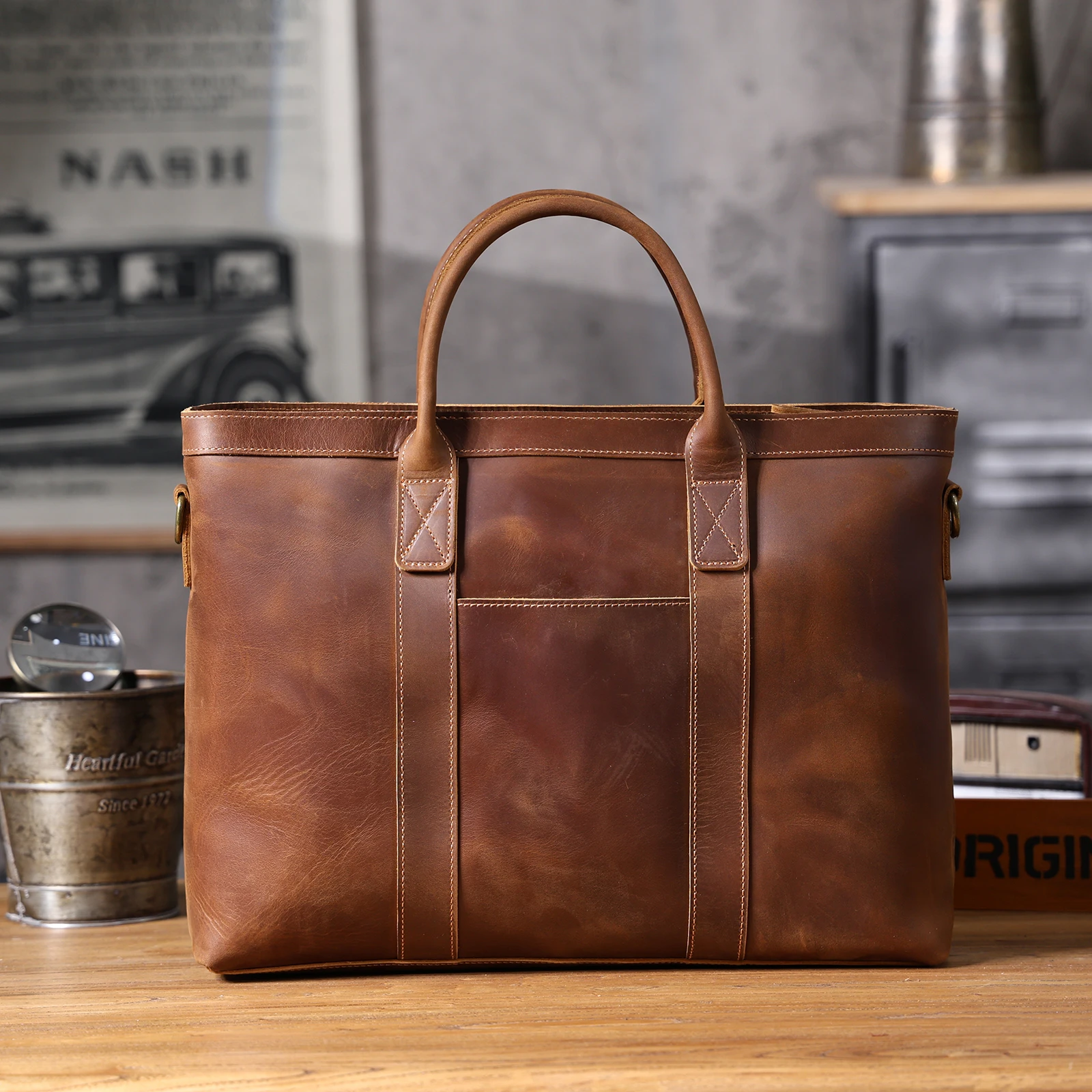 Vintage Echtleder Herren-Aktentasche 16 Zoll Laptop-Taschen Crazy Horse Leder Messenger-Handtasche Rindsleder Geschenkidee für Männer – Detail 8
