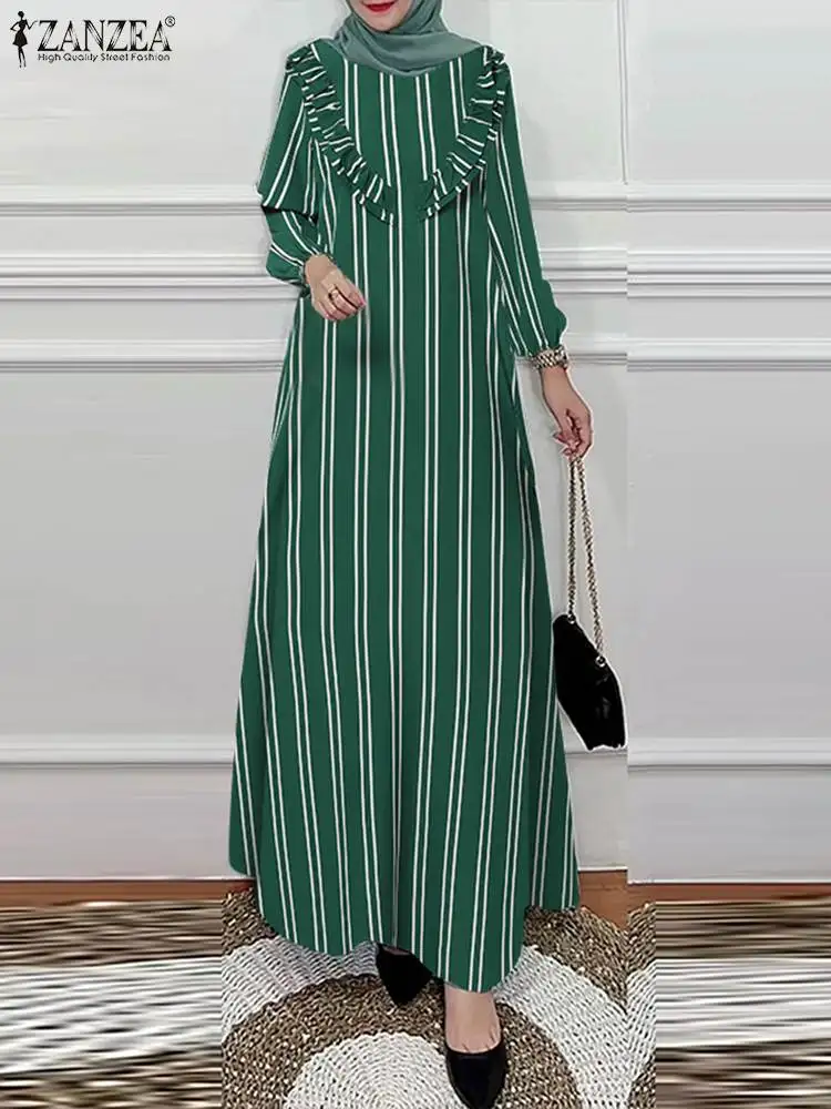 ZANZEA Islamic Muslim Fashion Maxi Dress 2024 Autumn Striped Long Sleeve Ruffles Long Vestidos Women Casual O Neck Abaya Robes