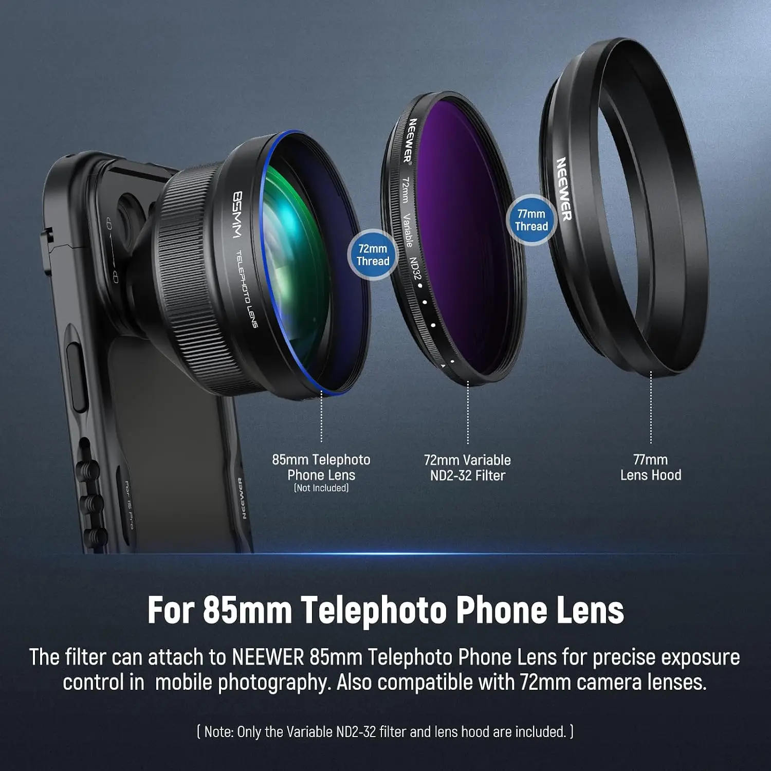 NEEWER 72mm Variabler ND-Filter mit 77mm Gegenlichtblende, ND2-32 Einstellbarer Neutraldichtefilter für iPhone, Android, Samsung – Detail 1