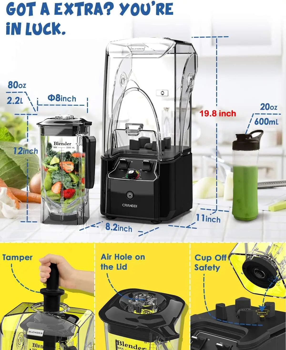 Quiet Commercial Blender with Soundproof Shield, 2200 Watt Professional Blenders for Kitchen with 80oz Jar and Self-Cleaning, Hi