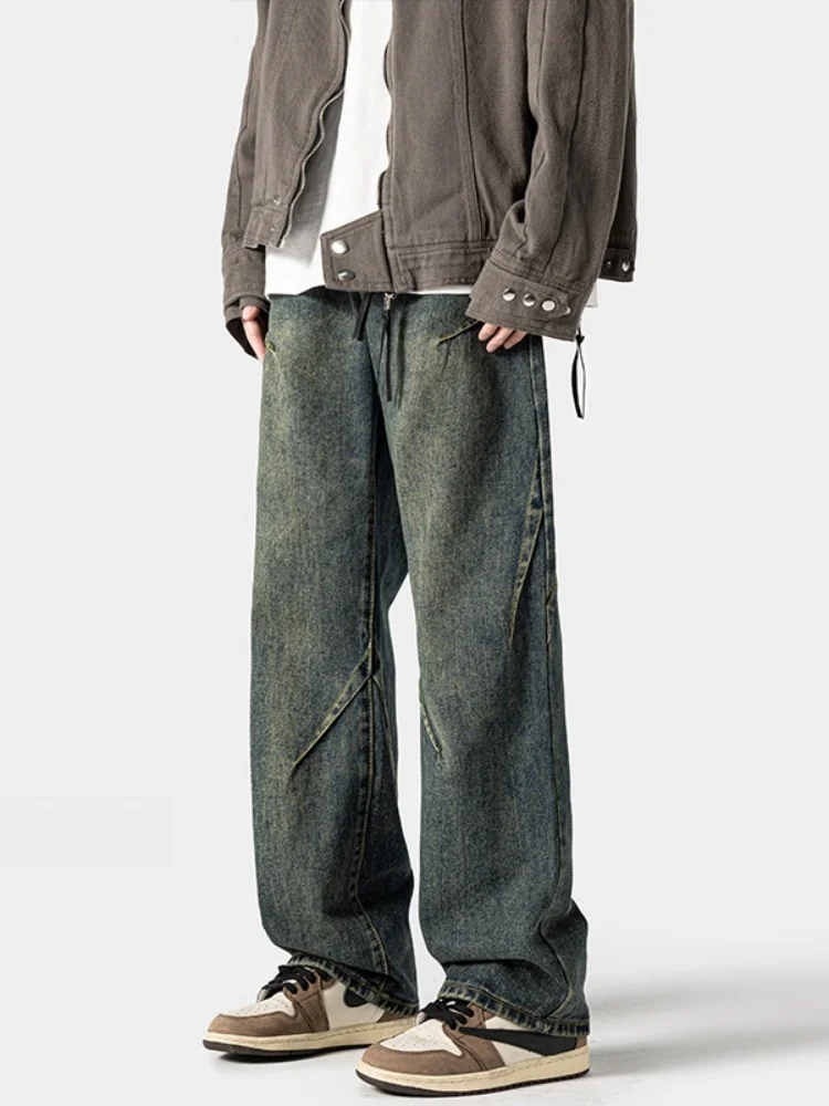 

Waed Vintage Men's Jeans Pleated Splicing Design Cool Straight Loose Wide Leg Pants Autumn New Sle Durable Stretch Denim