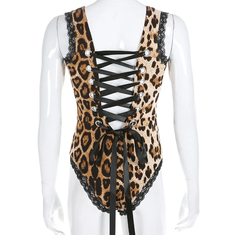 Estate Lace Up Leopard Backless Body donna Body Fitness tute Sexy 2023 senza maniche Catsuit Leopard Ladies salopette