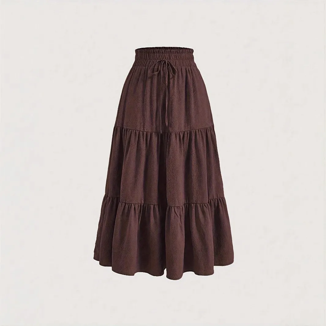 Long Length Tiered Skirt Maxi Length Casual with Pleated Detail Wrinkle Finish Summer Japanese Korean Casual Women Skirt