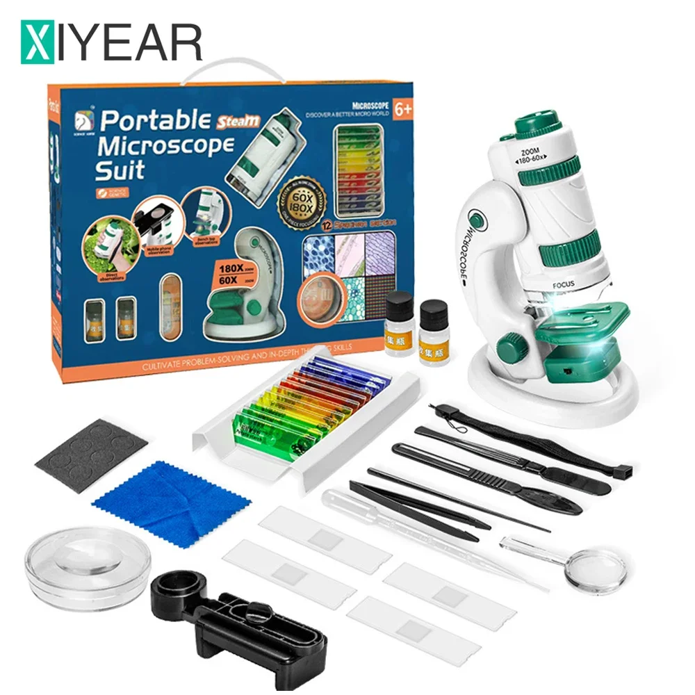 Kit di giocattoli per microscopio scientifico per bambini 60-180x microscopio per smartphone portatile Mini tascabile educativo con luce a LED per