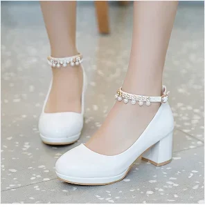 Women WeddingCrystal Ankle Strap Pumps White Dress Shoes Medium Heels Bridal Shoes Platform Designers Shoes