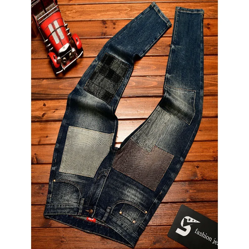 Autumn Vintage Jeans for Men Slim Fit Patchwork Trendy Street Fashion Personality Retro Long Pants
