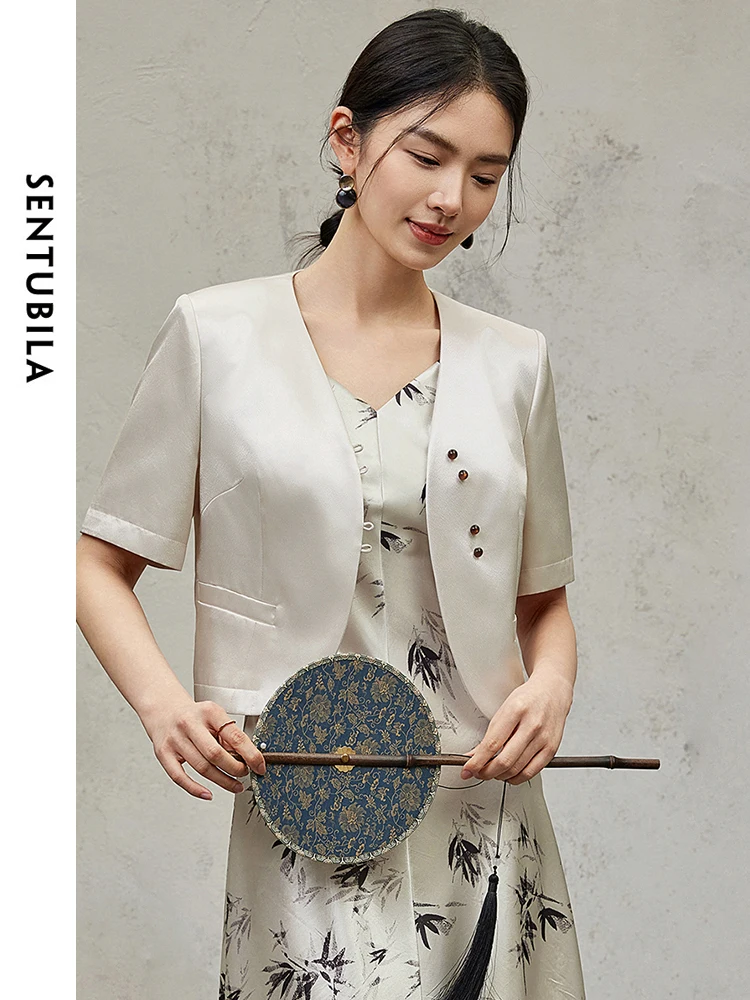 

SENTUBILA Elegant V-neck Cropped Coat Women 2024 Summer New Chinese Style Apricot Straight Short Sleeve Top Jacket 142W54939