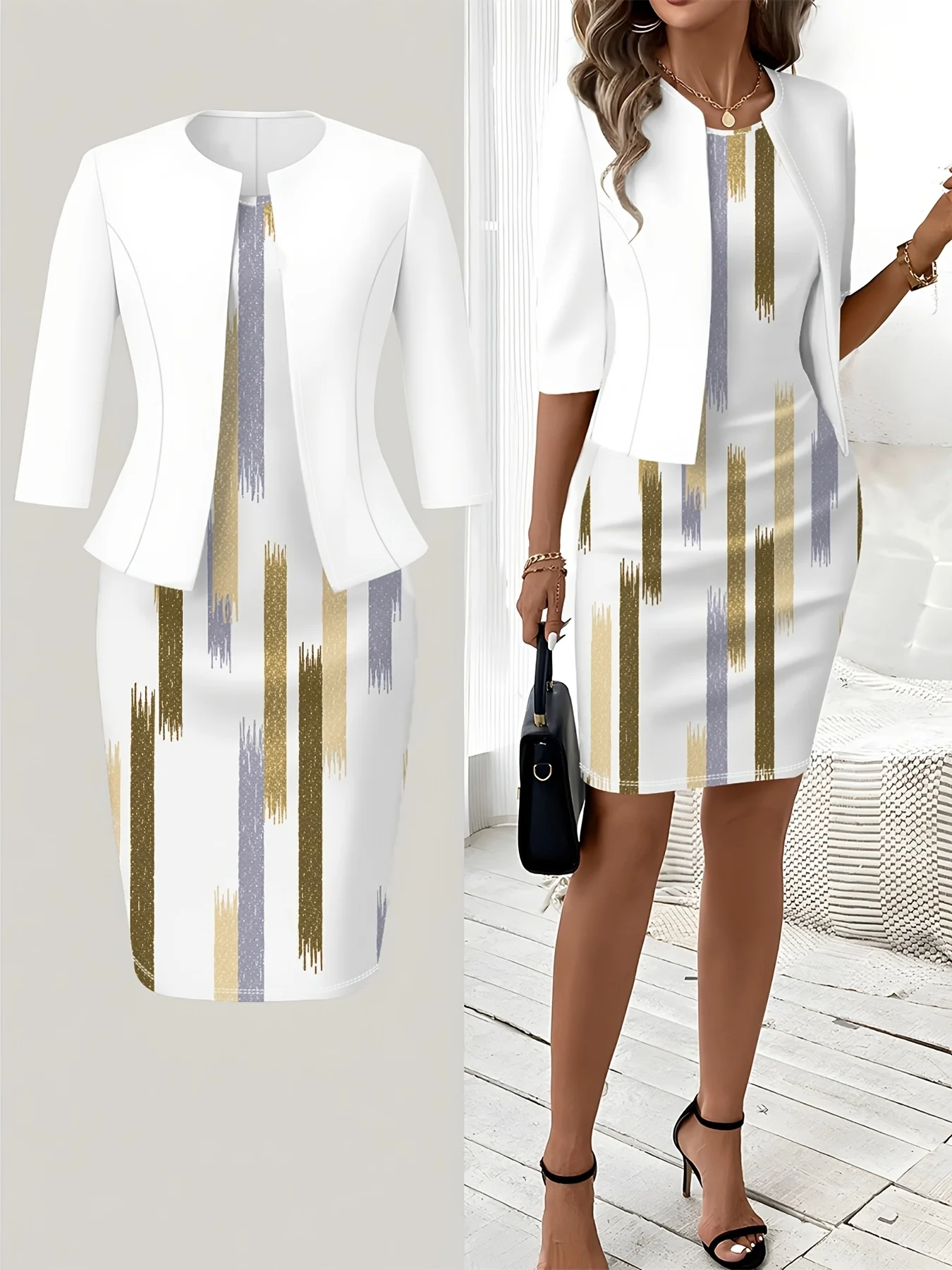 Printed design Casual Style Gold And Purple Vertical Stripes Round Neck Tank Dress Set