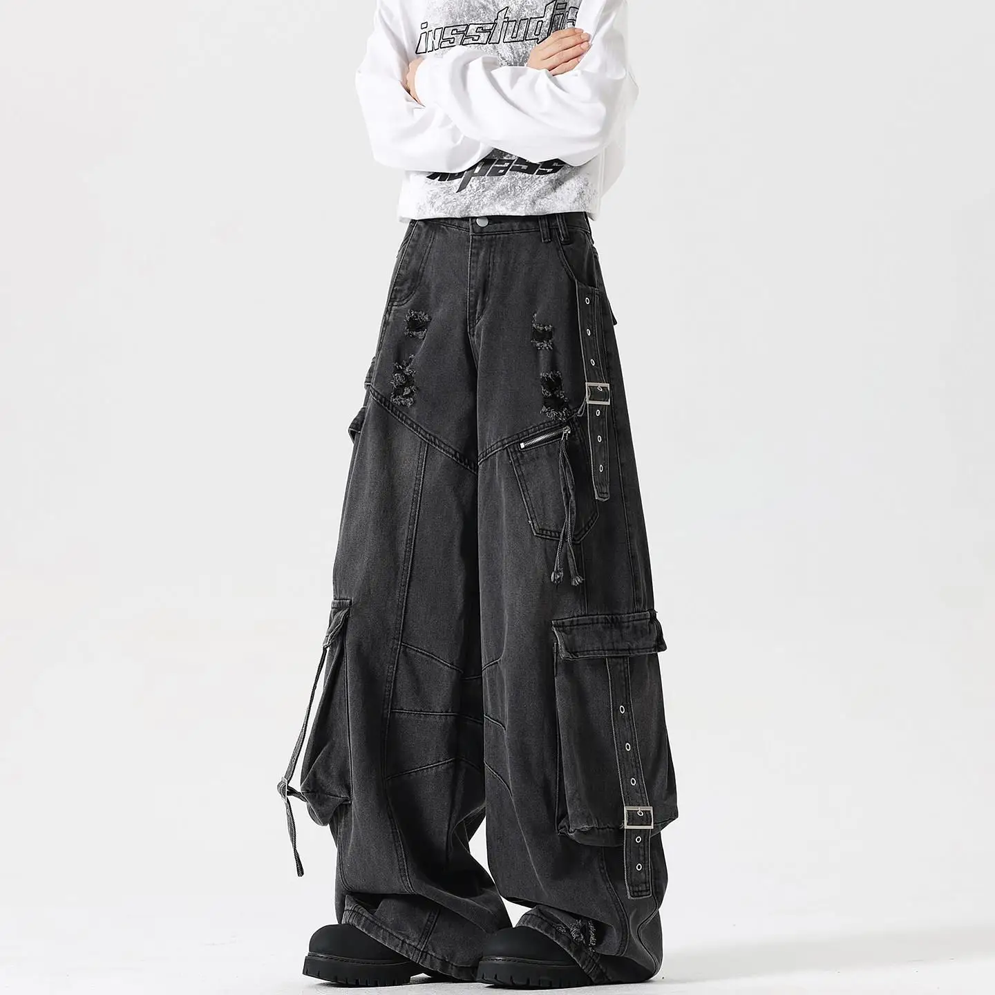 

American Style Heavyweight Multi-Pocket Black Workwear Jeans Men's Women's Deconstructed Hole Wash Slim Wide Leg Floor-Length...