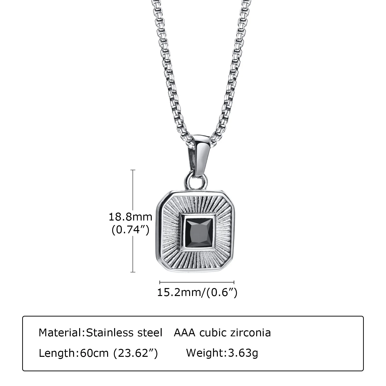 Men\'s Pendant Necklace,Black Square Zircon Embossing Radiation Sunburst Pendant Collars,Stylish Stainless Steel Jewelry Gifts