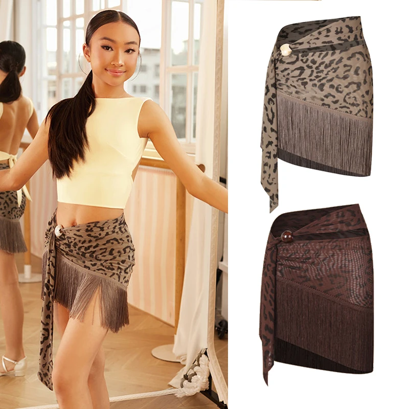

Kids Latin Dance Clothes Girls Leopard Skirt Chacha Rumba Dance Practice Clothing Fringed Skirt ZYM Latin Dance Performance Wear