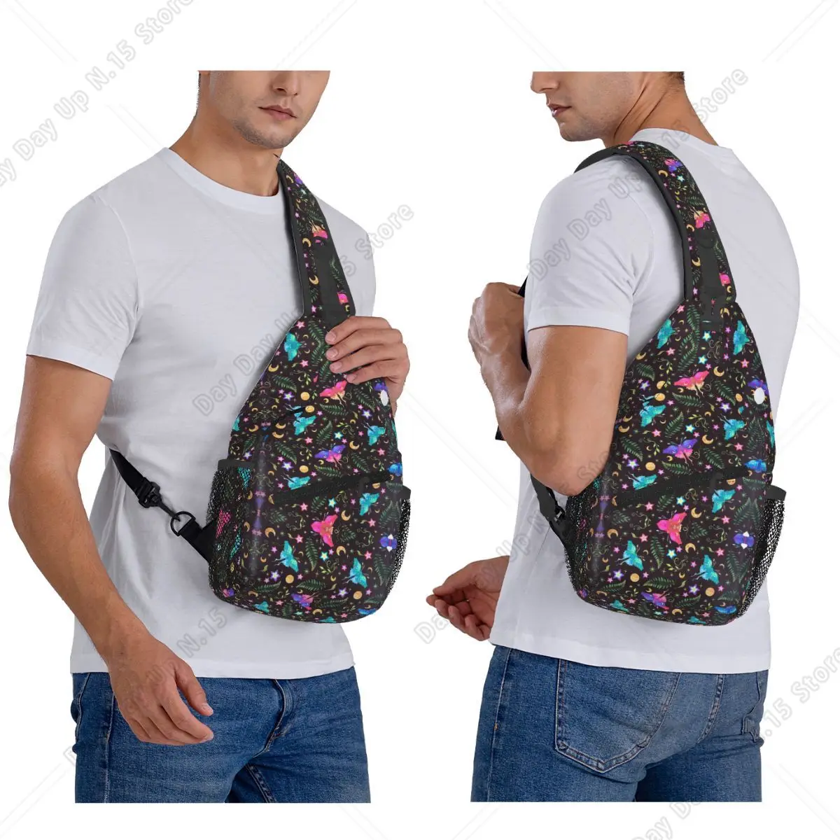 Cool Moon Moth And Stars 5 Chest Bag Men Sling Crossbody Backpack Chest Bag Travel Hiking Daypack Shoulder Bag