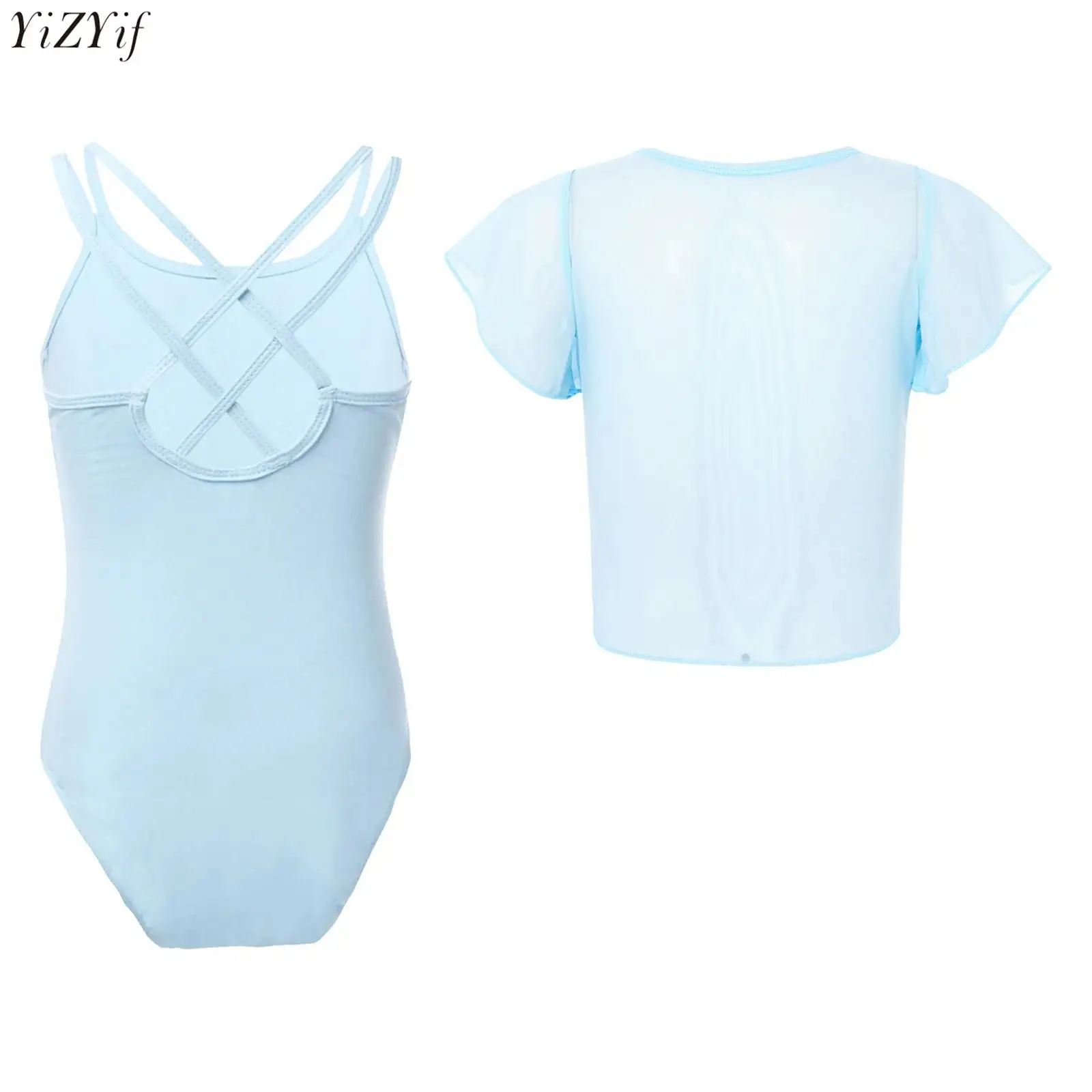 

Kids Girls Gymnastics Leotard Ballet Dance Outfit Cotton Spaghetti Strap Bodysuit+Ruffled Sleeves Sheer Mesh Cardigan Crop Top