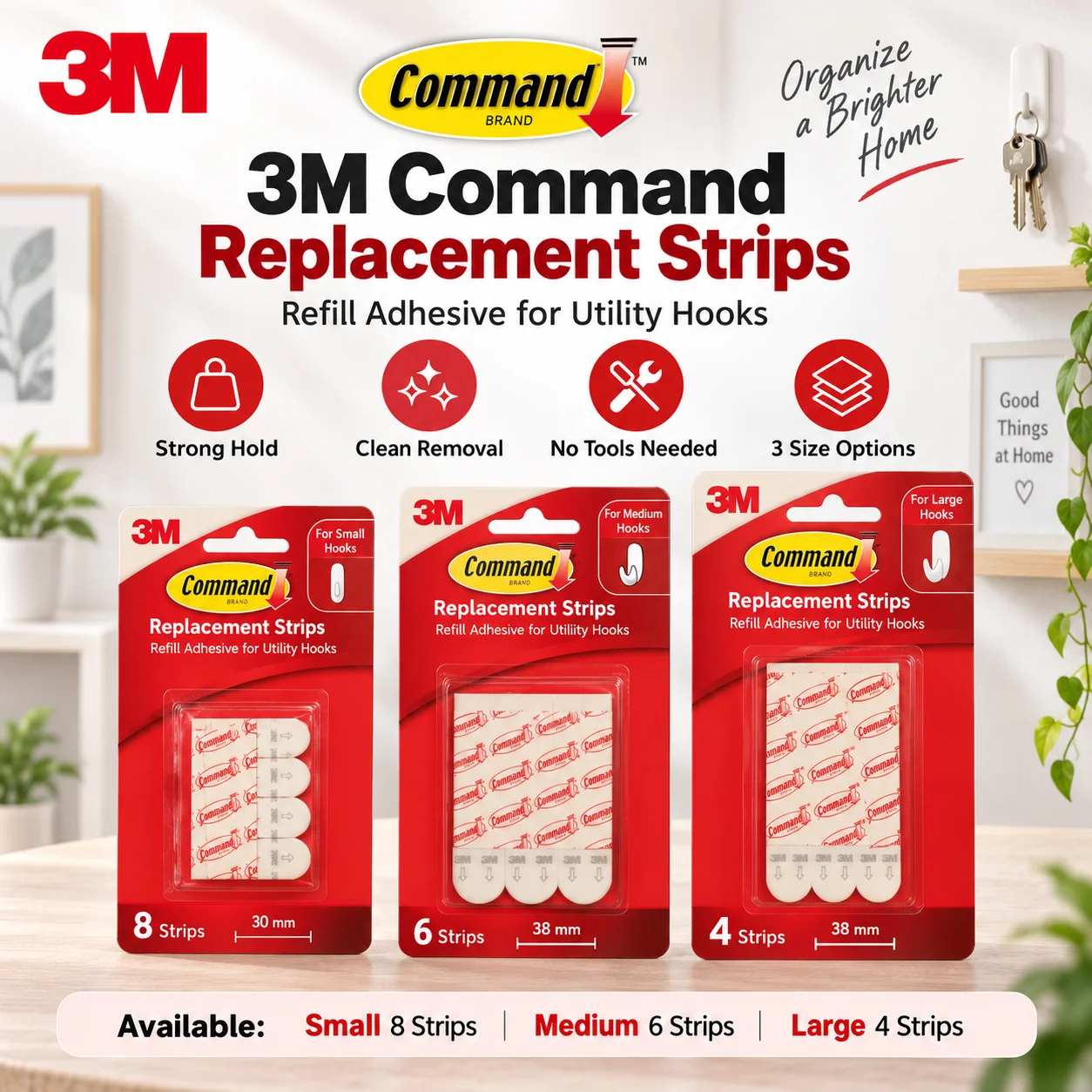 3M Command Replacement Adhesive Strips Strong Hold Clean Removal For Utility Hooks Home Office Wall Mount Small Medium Large
