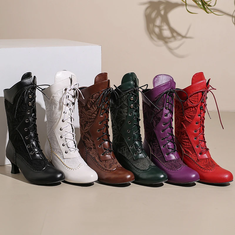 Kcenid Plus Size 50 Ankle Boots For Women High Heel Cross-tied Lace-up Mid-Calf Motorcycle Boots Round Toe Women`s Winter Boots